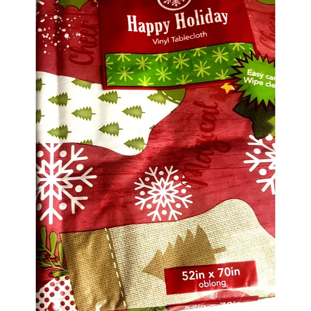 Christmas Stocking Snowflakes Vinyl Tablecloth Flannel Backed Holiday 52x70
